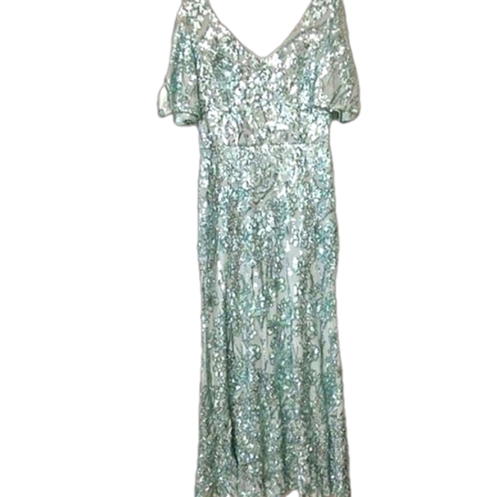 Alex Evenings Ice Sage Green Sequin Lace Short Flutter Sleeve MOB Evening Gown